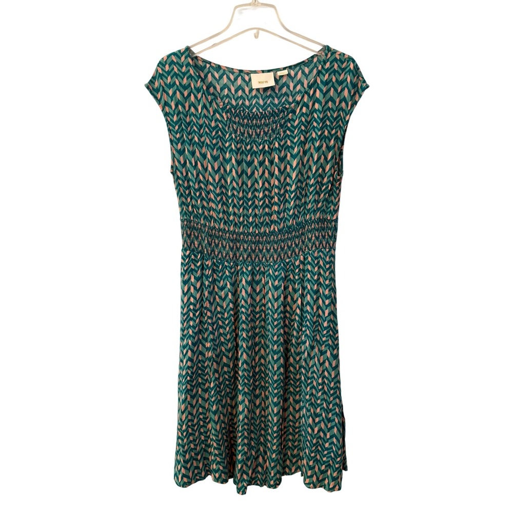 Maeve Anthropologie Green Pink Chevron Smocked Waist Sleeveless Dress Small